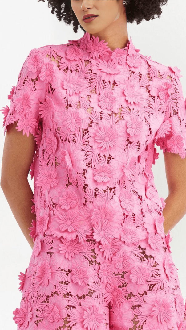 AIIZIE FLORAL LACE SHORT-SLEEVE BLOUSE SET IN PINK - product image