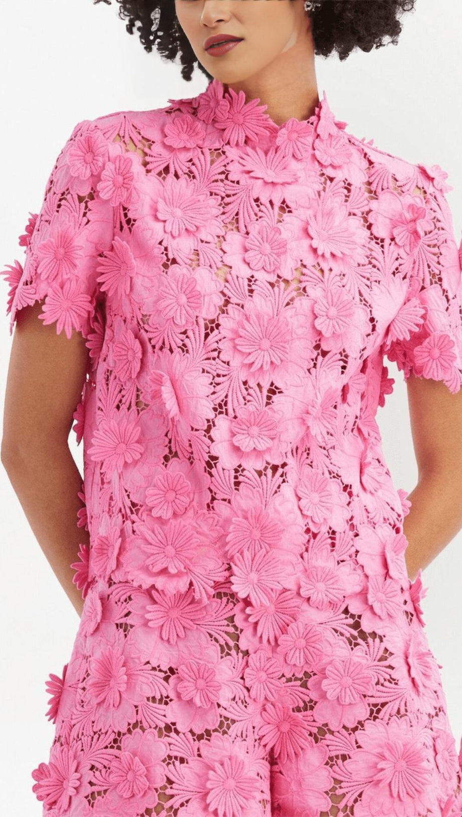 FLORAL LACE SHORT-SLEEVE BLOUSE SET IN PINK