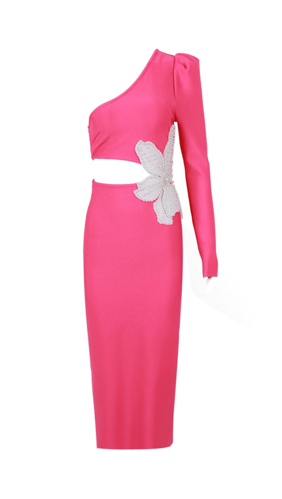 FLORAL ONE SHOULDER LONG SLEEVE MIDI DRESS