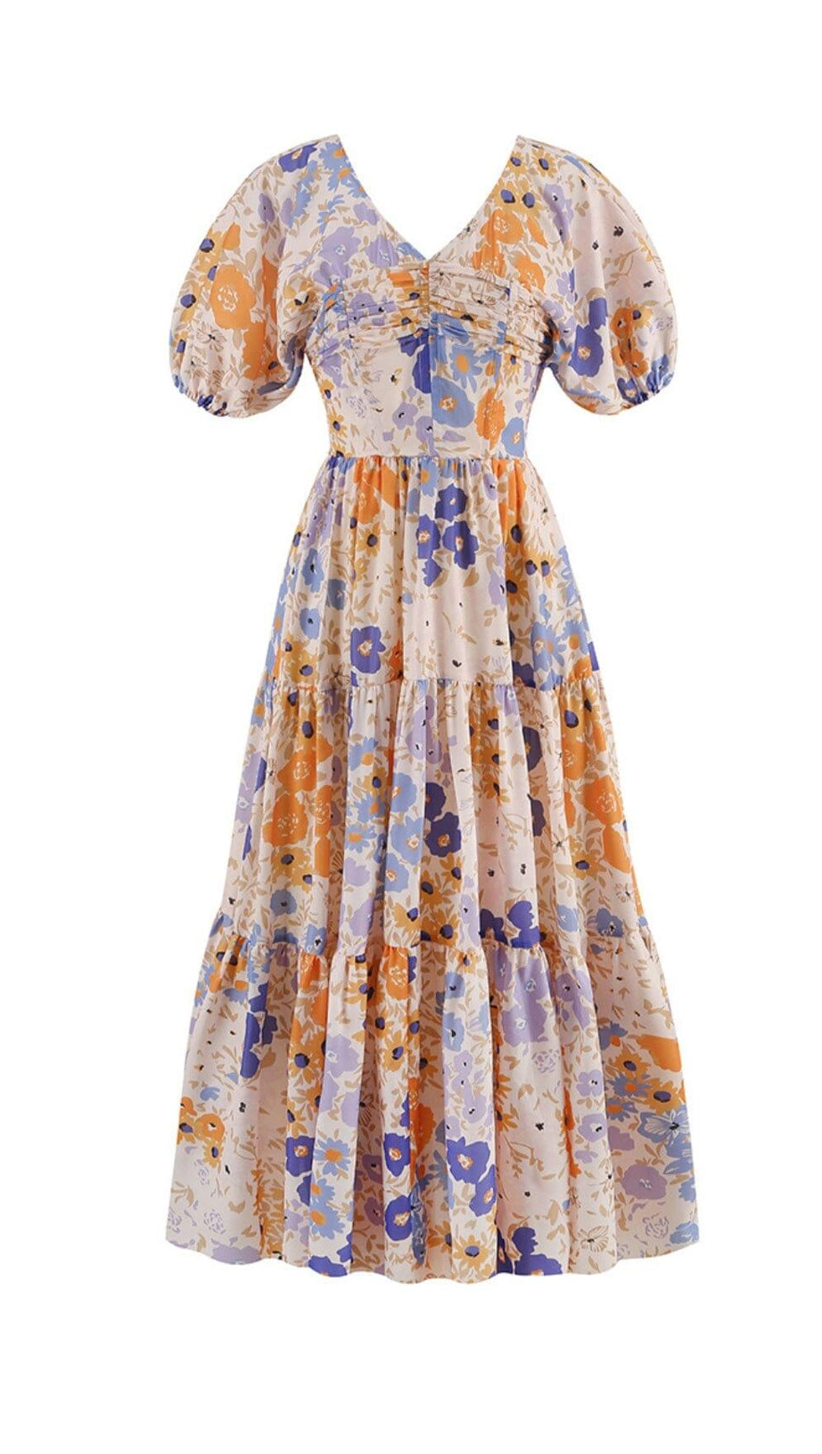 FLORAL PUFF SLEEVE V-NECK MAXI DRESS