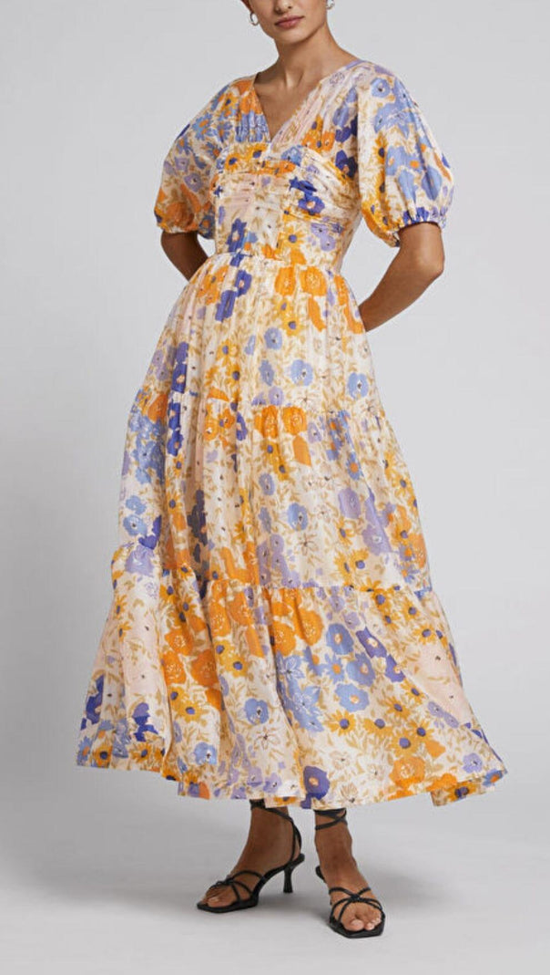 AIIZIE FLORAL PUFF SLEEVE V-NECK MAXI DRESS - product image