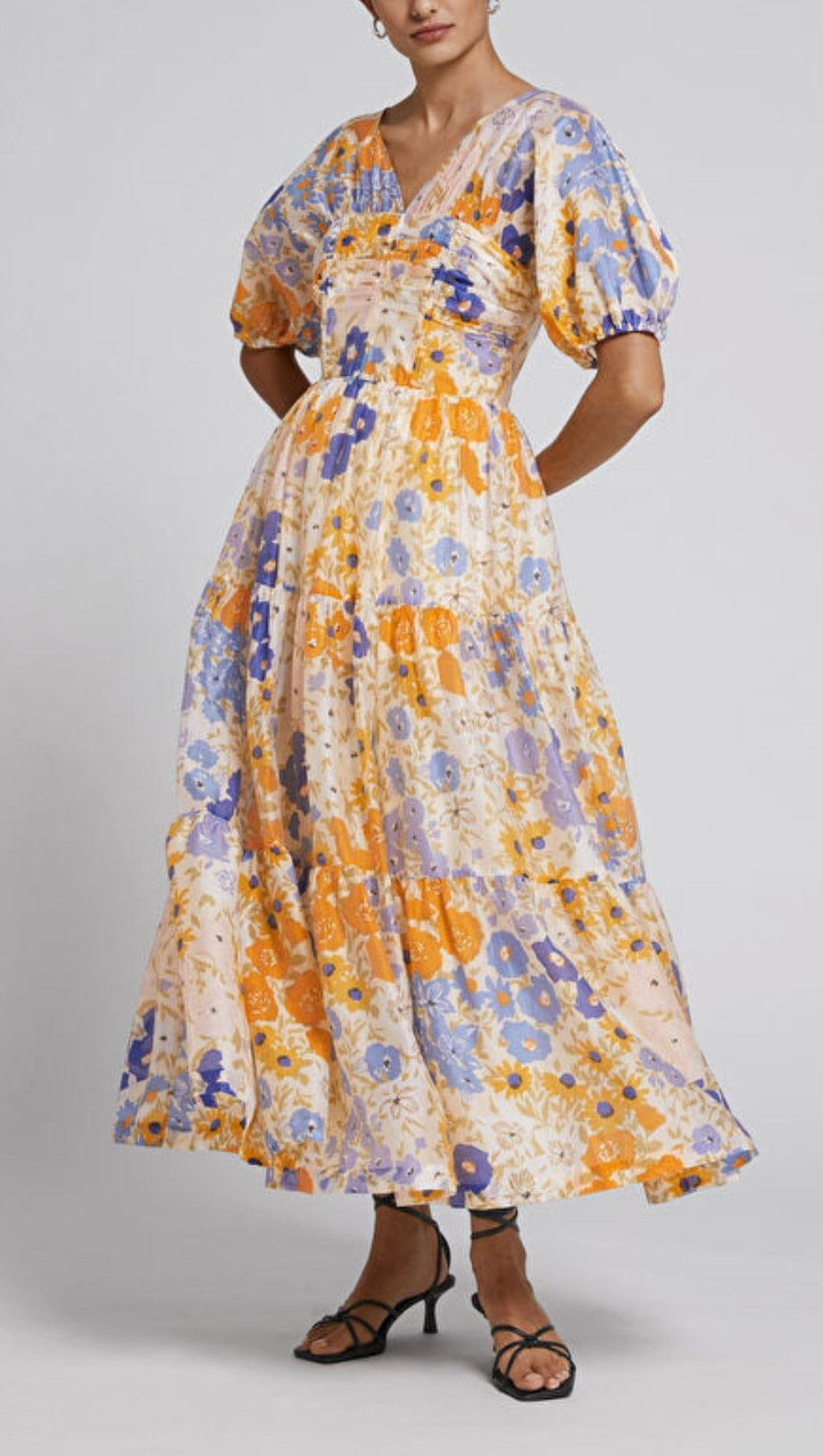FLORAL PUFF SLEEVE V-NECK MAXI DRESS