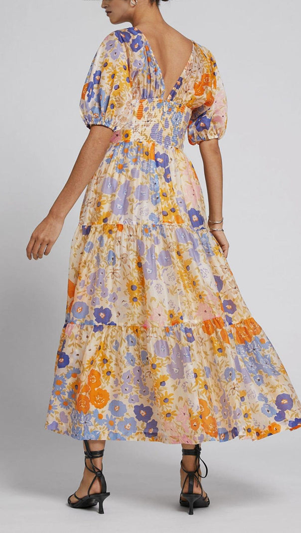 AIIZIE FLORAL PUFF SLEEVE V-NECK MAXI DRESS - product image