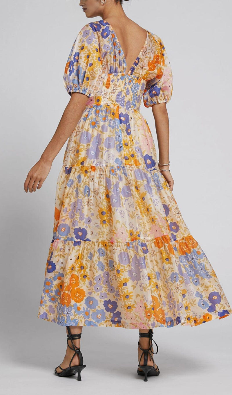 FLORAL PUFF SLEEVE V-NECK MAXI DRESS