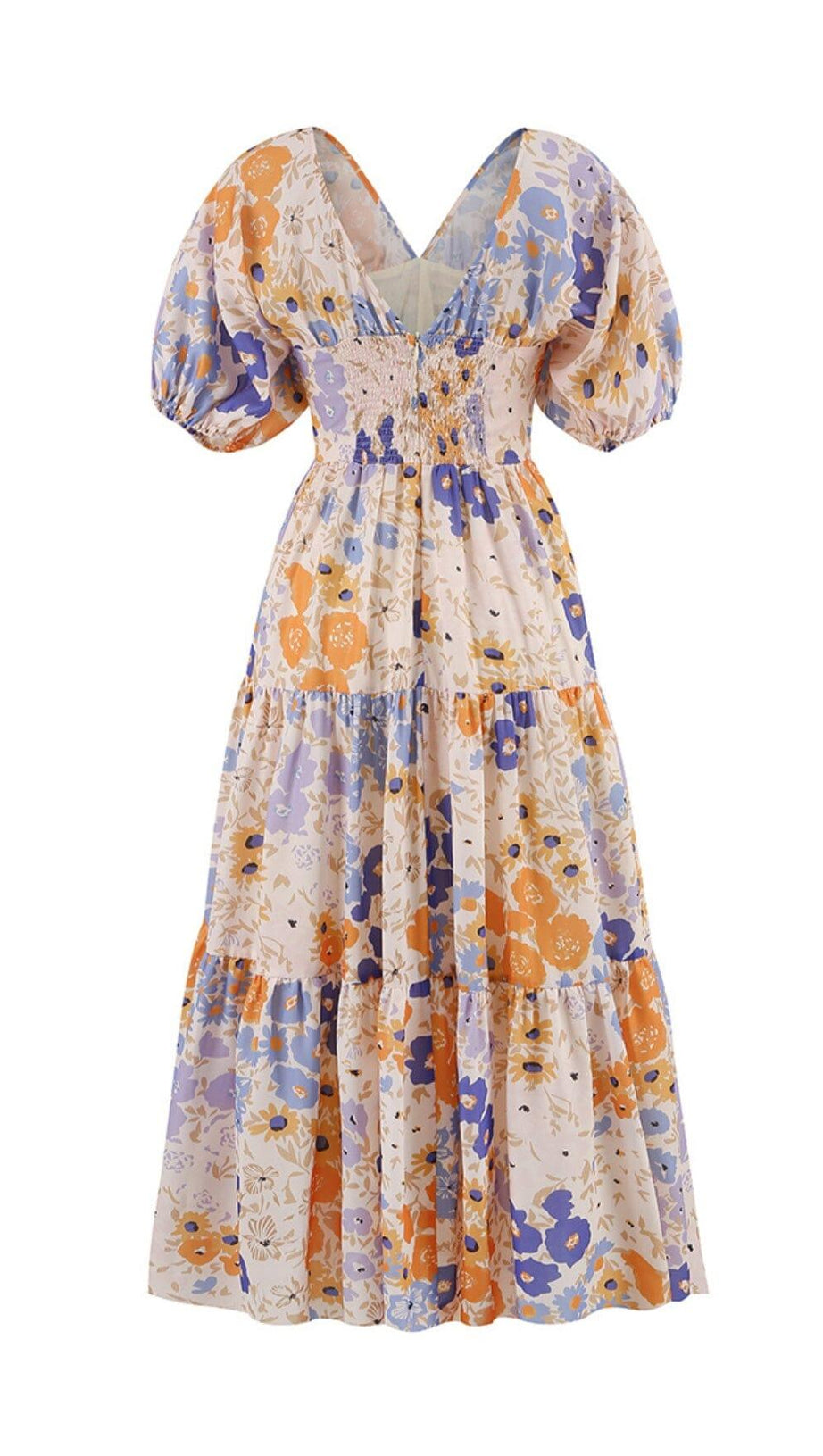 FLORAL PUFF SLEEVE V-NECK MAXI DRESS