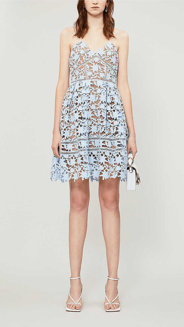 AIIZIE FLORAL SPAGHETTI STRAP GUIPURE LACE MINI DRESS IN BLUE - product image