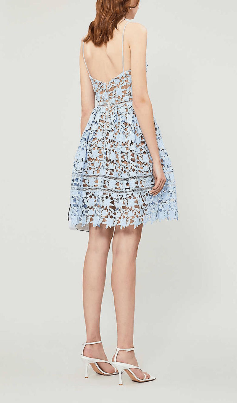 FLORAL SPAGHETTI STRAP GUIPURE LACE MINI DRESS IN BLUE