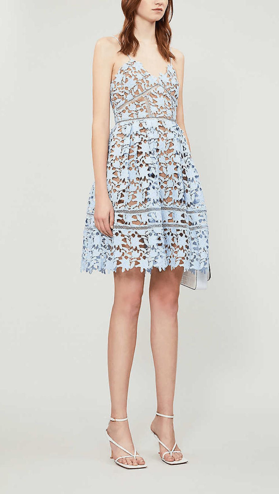 FLORAL SPAGHETTI STRAP GUIPURE LACE MINI DRESS IN BLUE