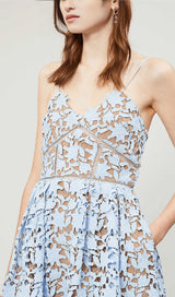 FLORAL SPAGHETTI STRAP GUIPURE LACE MINI DRESS IN BLUE