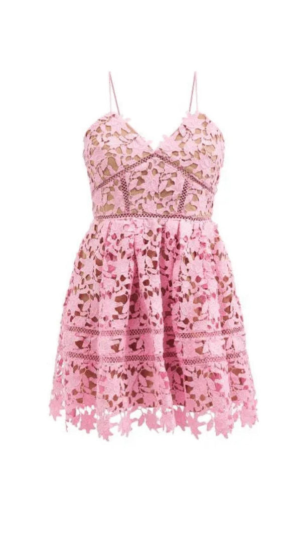AIIZIE FLORAL SPAGHETTI STRAP GUIPURE LACE MINI DRESS IN PINK - product image