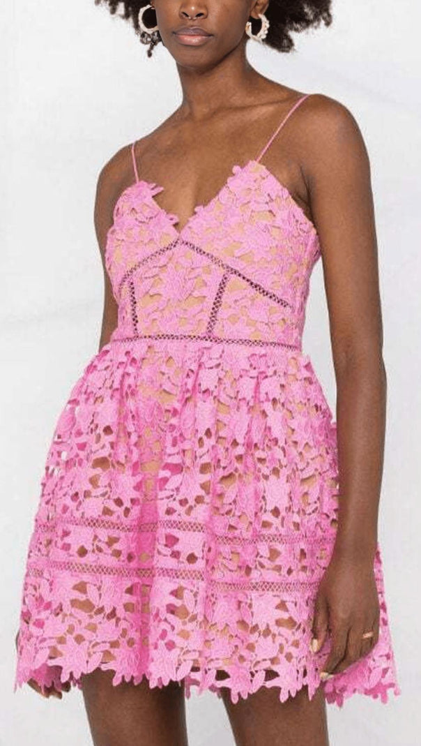 AIIZIE FLORAL SPAGHETTI STRAP GUIPURE LACE MINI DRESS IN PINK - product image