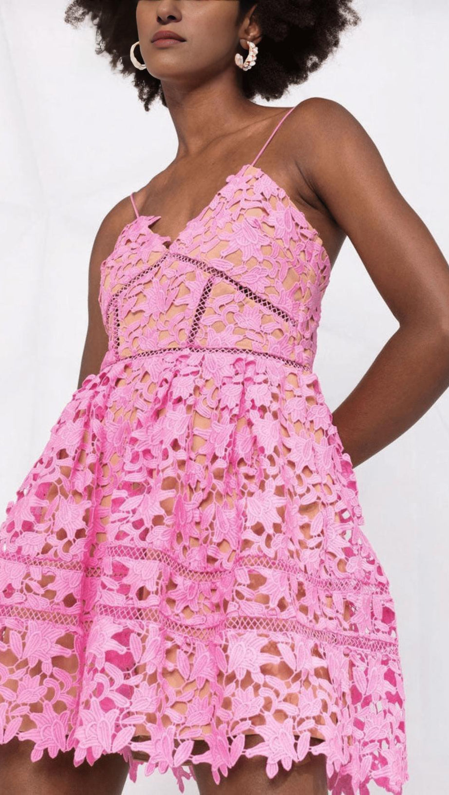 FLORAL SPAGHETTI STRAP GUIPURE LACE MINI DRESS IN PINK