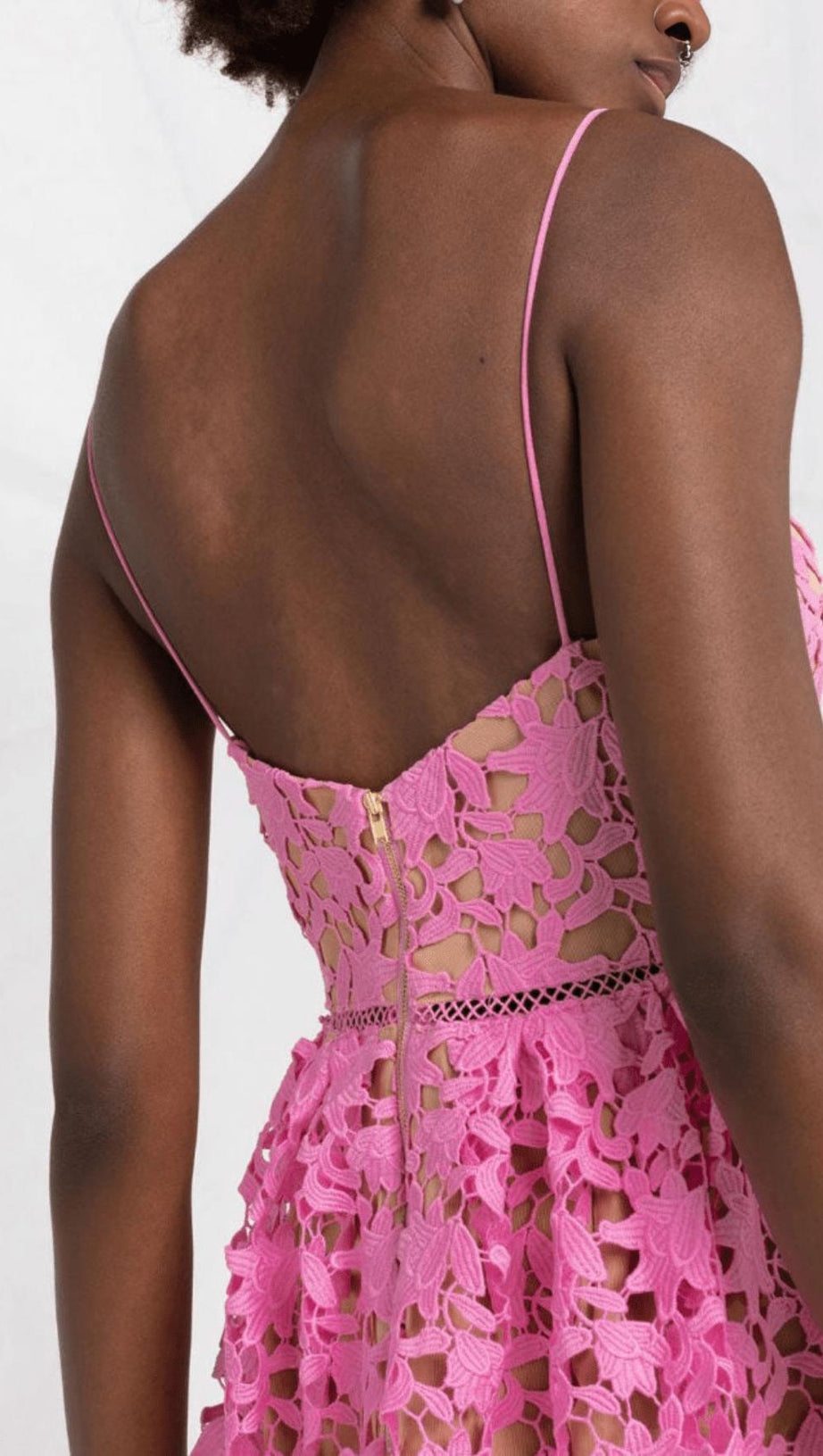 FLORAL SPAGHETTI STRAP GUIPURE LACE MINI DRESS IN PINK