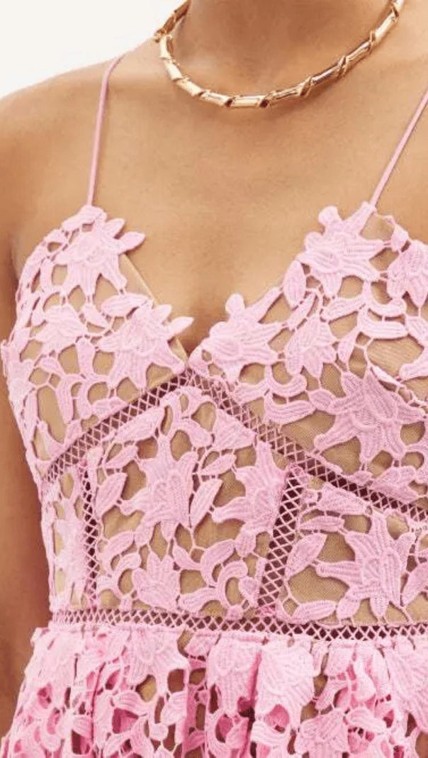 AIIZIE FLORAL SPAGHETTI STRAP GUIPURE LACE MINI DRESS IN PINK - product image