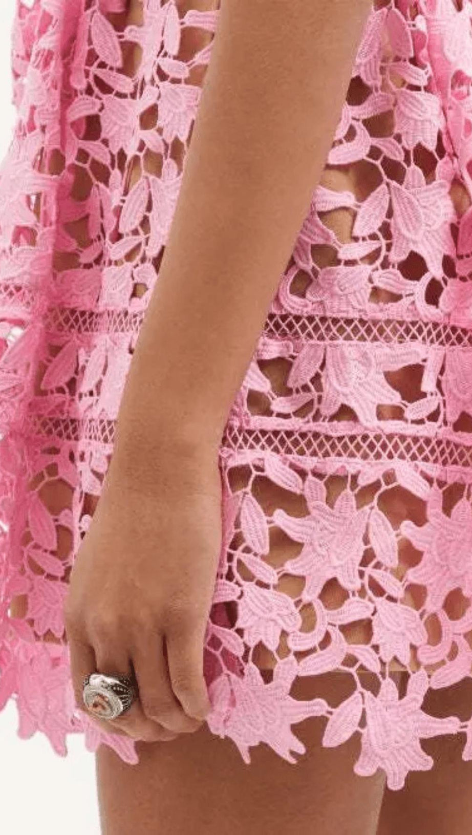 FLORAL SPAGHETTI STRAP GUIPURE LACE MINI DRESS IN PINK