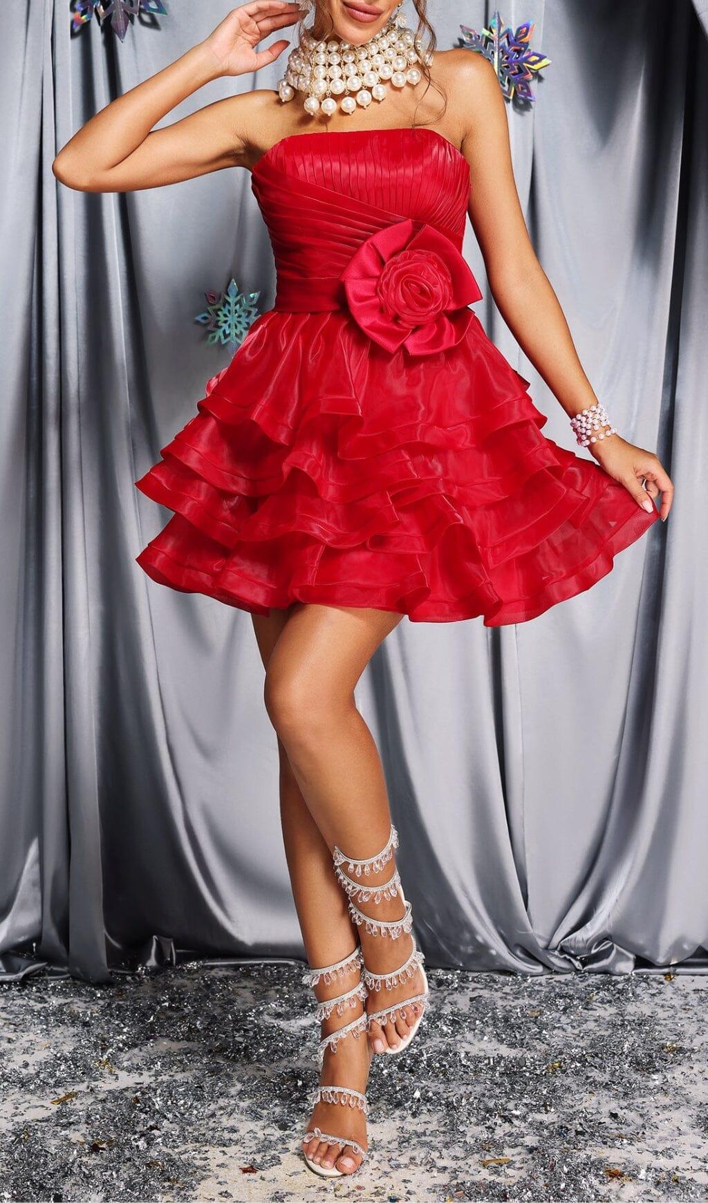 FLOUNCED MINI DRESS IN RED