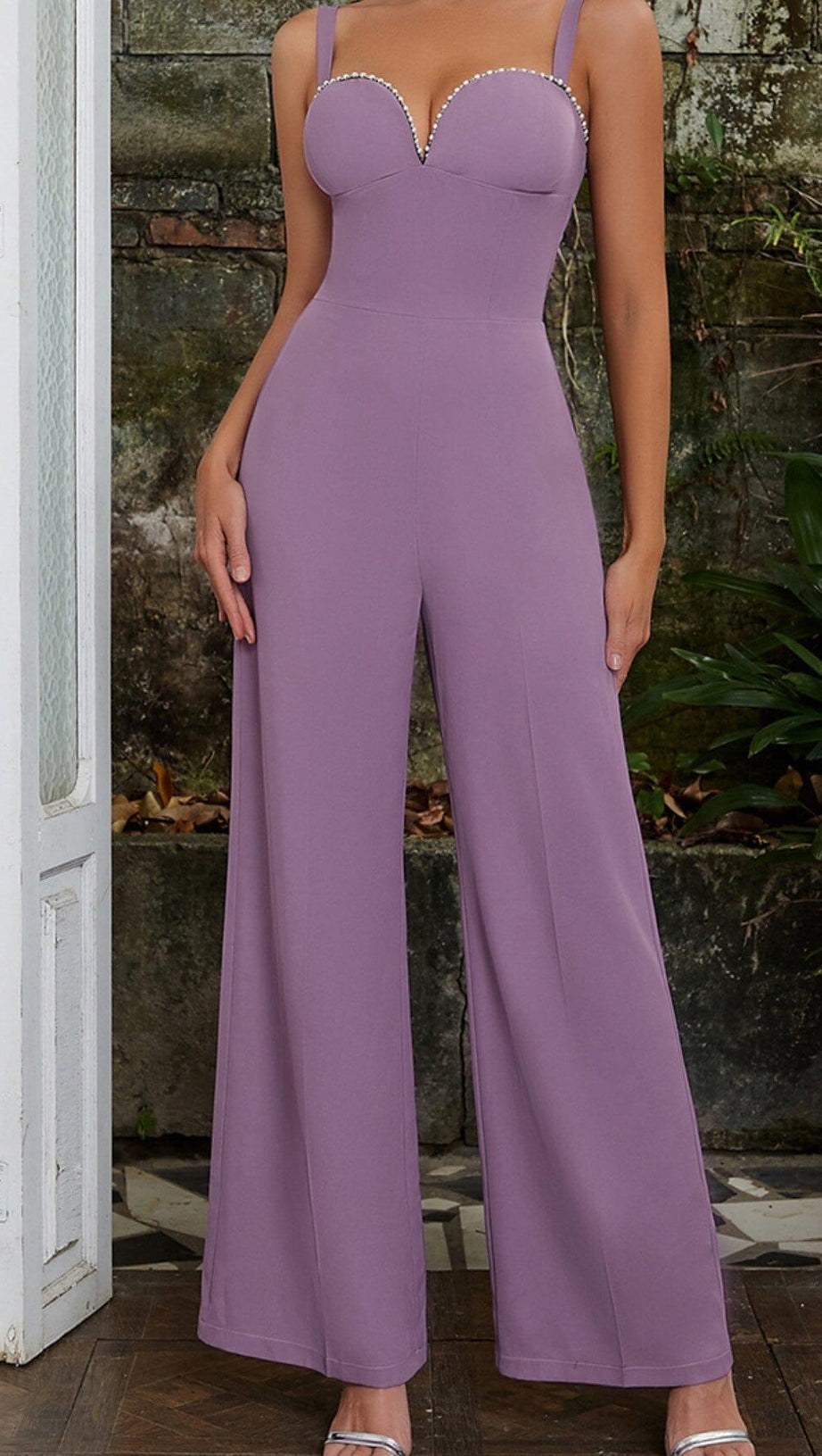 V NECK DIAMOND JUMPSUIT IN PURPLE