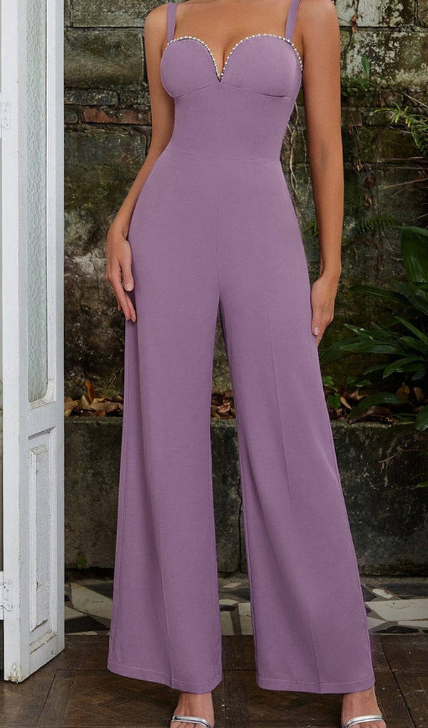 V NECK DIAMOND JUMPSUIT IN PURPLE