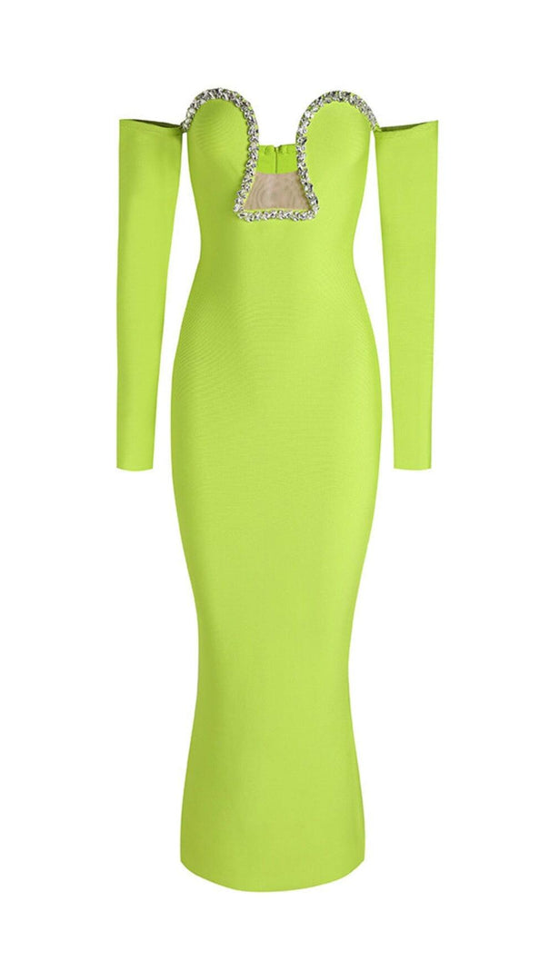AIIZIE GREEN V-NECK OFF-SHOULDER LONG-SLEEVED MESH DIAMOND BANDAGE DRESS - product image