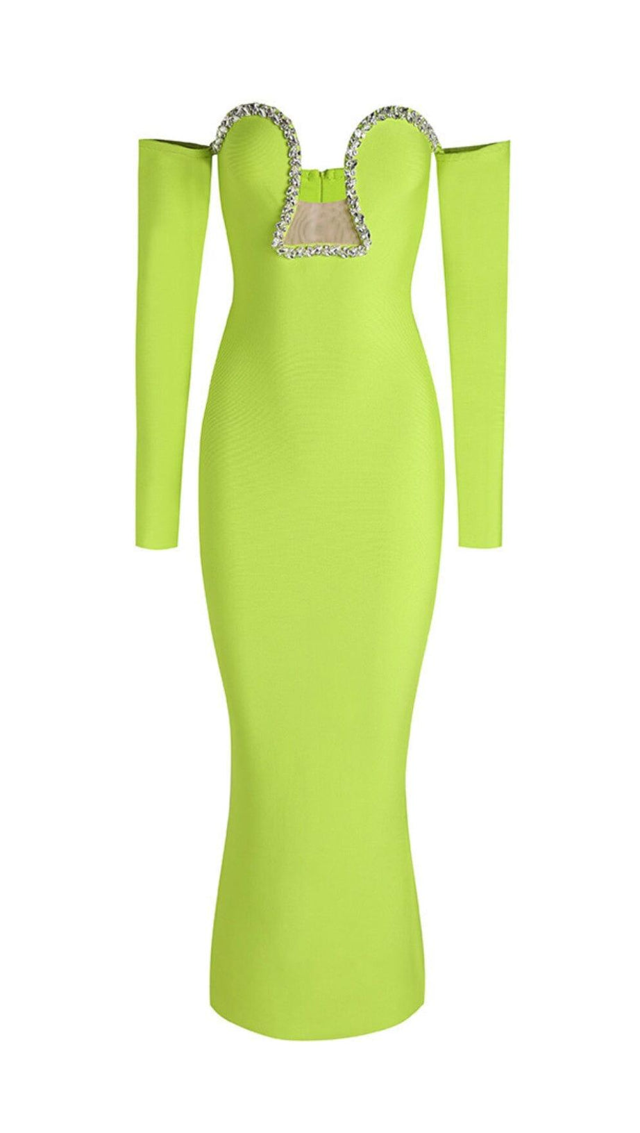 ABITO VERDE CON BENDAGGIO A ROMANZI, SCOLLO A V, SPALLE SCOPERTE, MANICHE LUNGHE