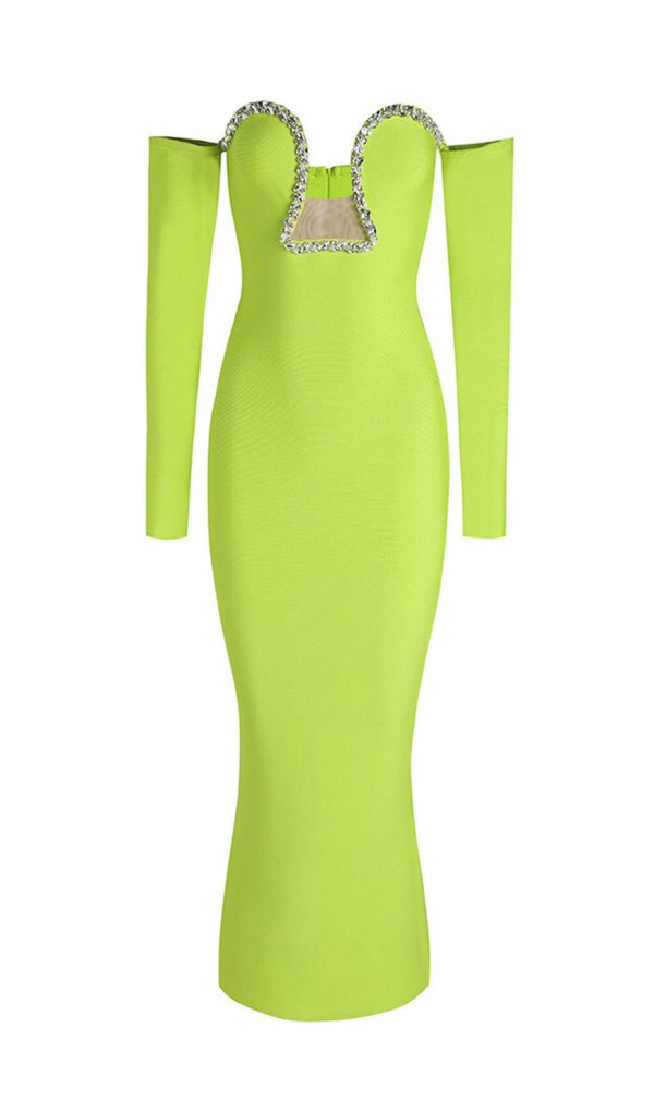 GREEN V-NECK OFF-SHOULDER LONG-SLEEVED MESH DIAMOND BANDAGE DRESS