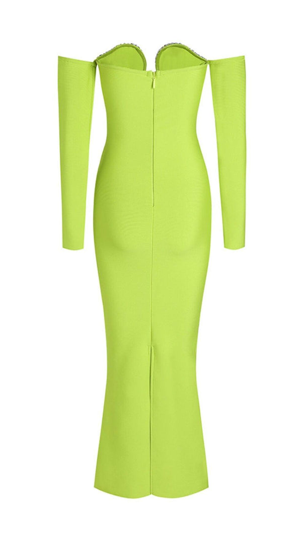 AIIZIE GREEN V-NECK OFF-SHOULDER LONG-SLEEVED MESH DIAMOND BANDAGE DRESS - product image