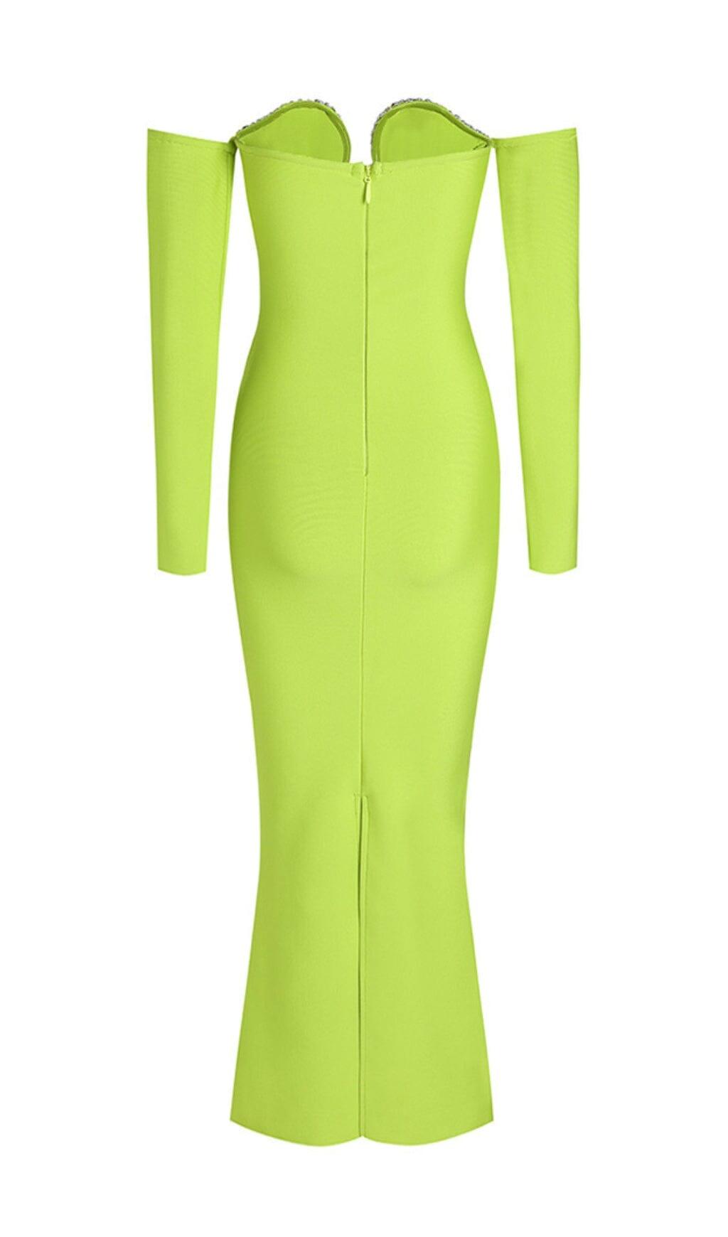 AIIZIE GREEN V-NECK OFF-SHOULDER LONG-SLEEVED MESH DIAMOND BANDAGE DRESS - product image