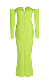 GREEN V-NECK OFF-SHOULDER LONG-SLEEVED MESH DIAMOND BANDAGE DRESS