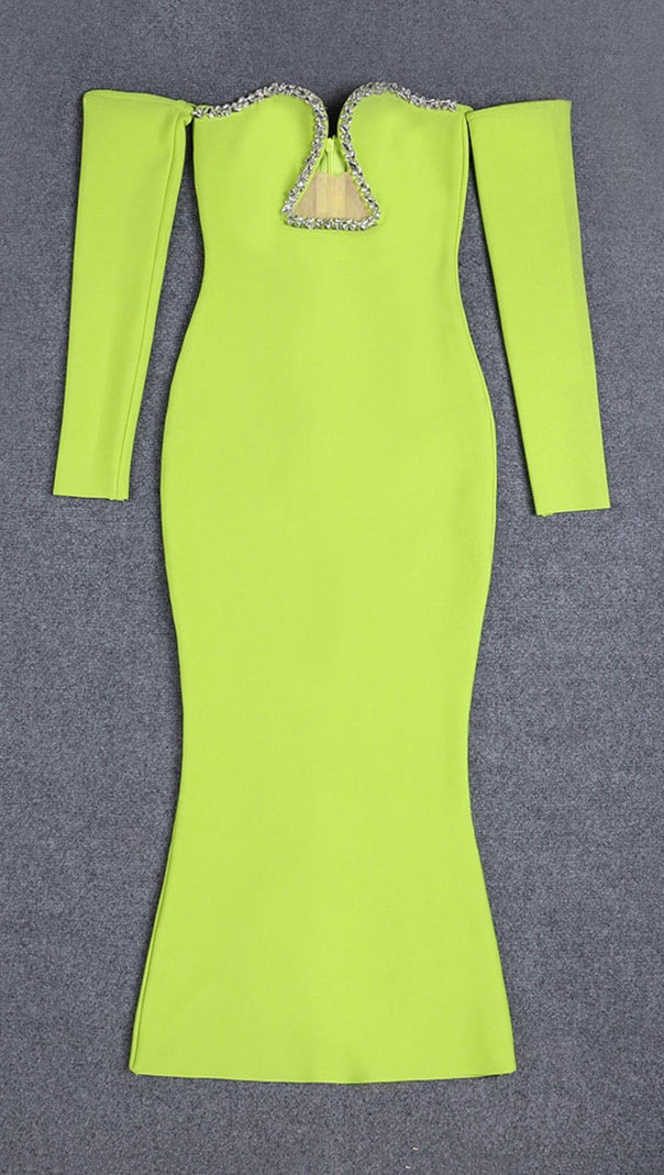 AIIZIE GREEN V-NECK OFF-SHOULDER LONG-SLEEVED MESH DIAMOND BANDAGE DRESS - product image