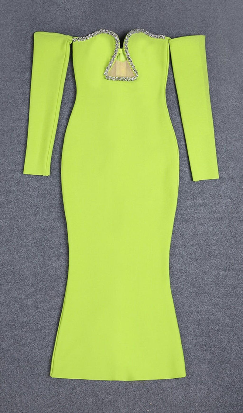 GREEN V-NECK OFF-SHOULDER LONG-SLEEVED MESH DIAMOND BANDAGE DRESS