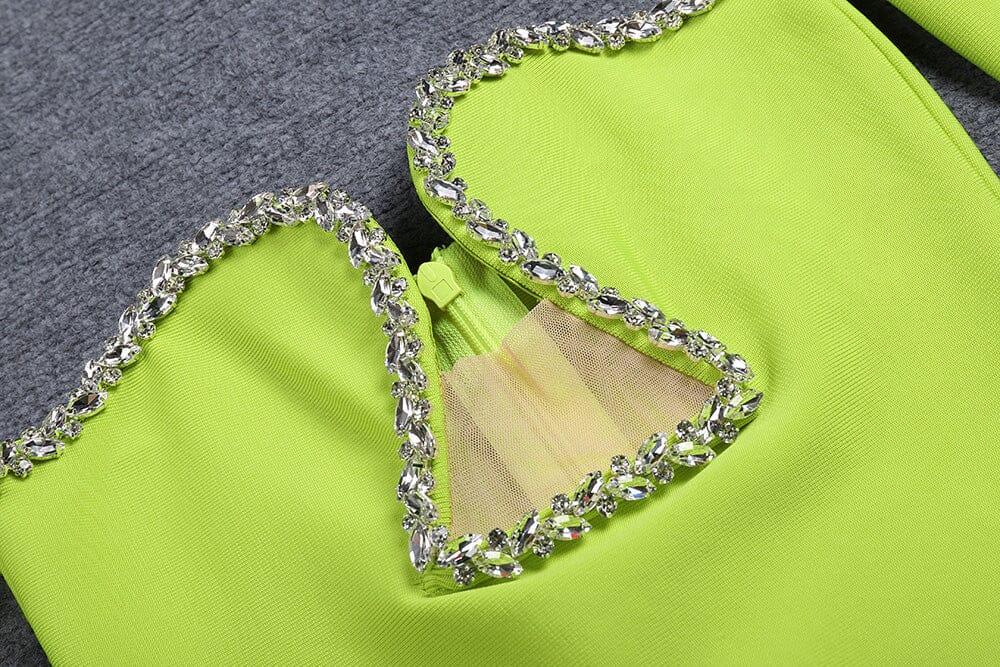 AIIZIE GREEN V-NECK OFF-SHOULDER LONG-SLEEVED MESH DIAMOND BANDAGE DRESS - product image