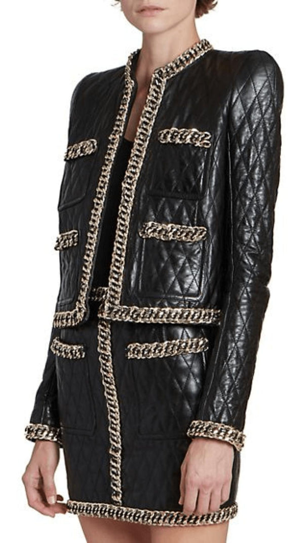 AIIZIE BLACK QUILTED LEATHER CHAIN JACKET - product image