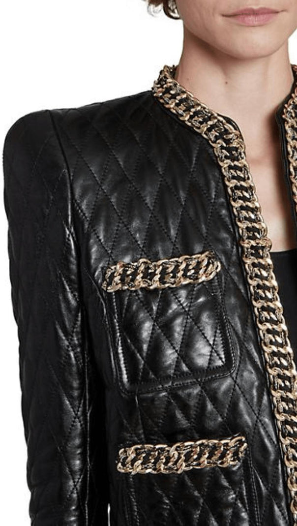 AIIZIE BLACK QUILTED LEATHER CHAIN JACKET - product image