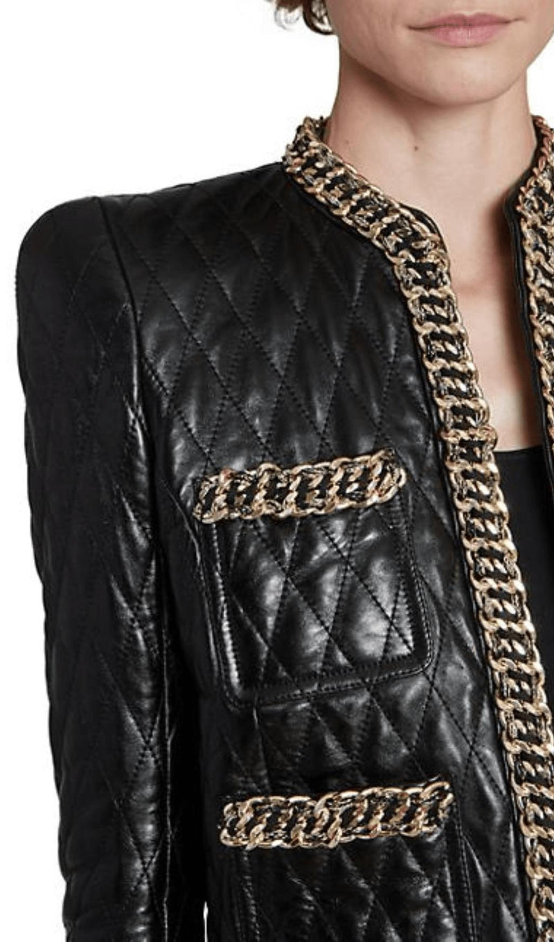 BLACK QUILTED LEATHER CHAIN JACKET