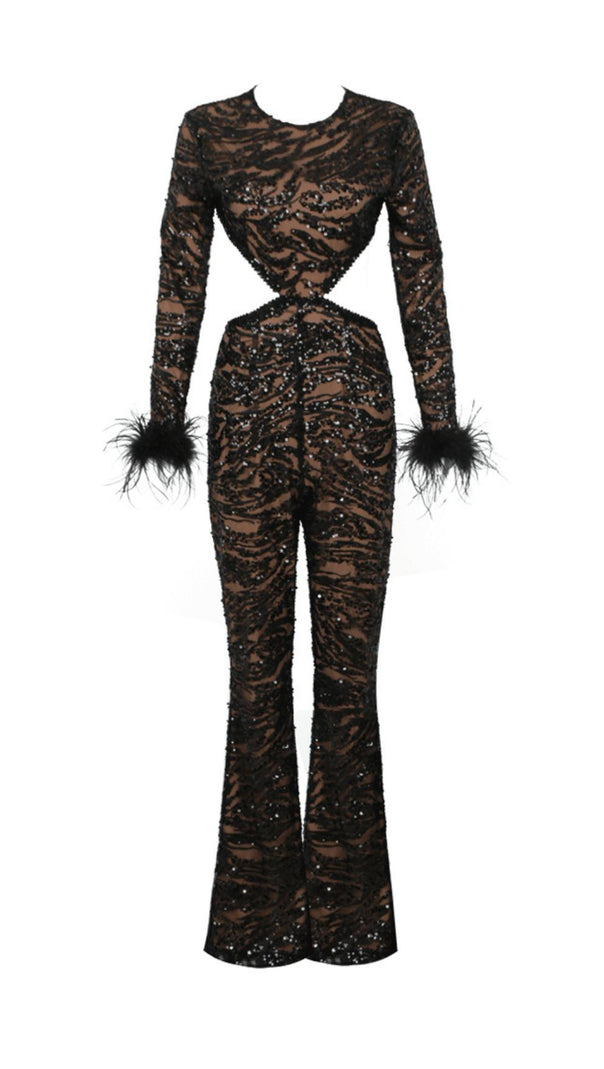 AIIZIE BLACK SEXY BACKLESS SEQUINED FEATHER JUMPSUIT - product image