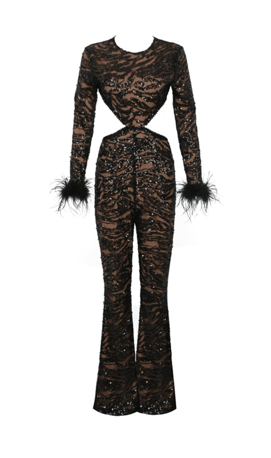 SCHWARZER SEXY RÜCKENFREIER JUMPSUIT MIT PAILLETTEN UND FEDERN