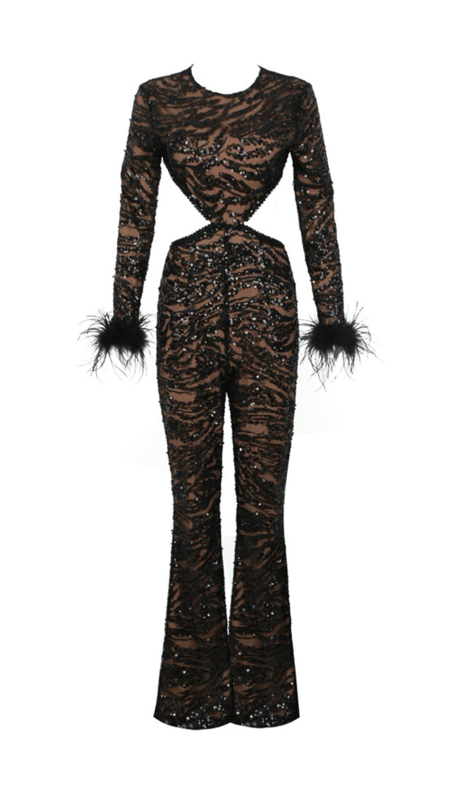 BLACK SEXY BACKLESS SEQUINED FEATHER JUMPSUIT
