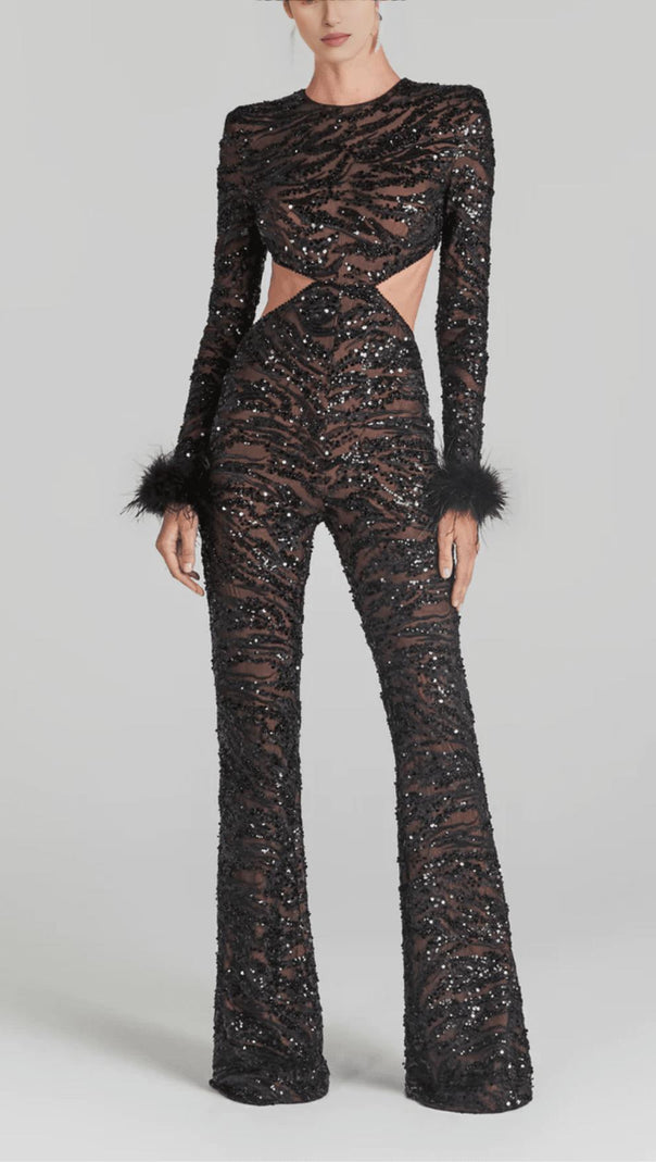 AIIZIE BLACK SEXY BACKLESS SEQUINED FEATHER JUMPSUIT - product image