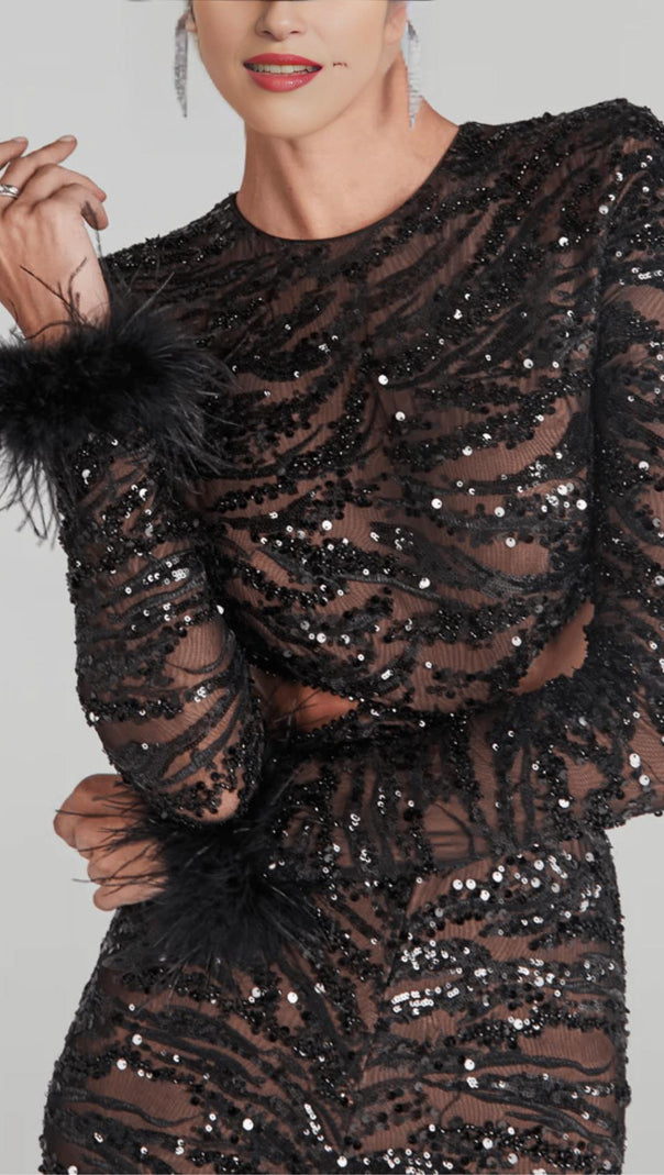 AIIZIE BLACK SEXY BACKLESS SEQUINED FEATHER JUMPSUIT - product image