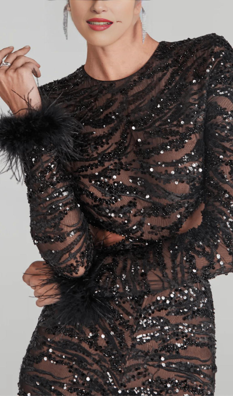 BLACK SEXY BACKLESS SEQUINED FEATHER JUMPSUIT