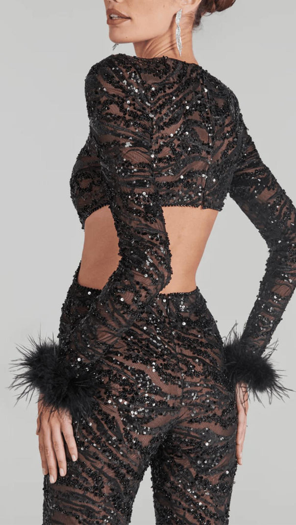 AIIZIE BLACK SEXY BACKLESS SEQUINED FEATHER JUMPSUIT - product image