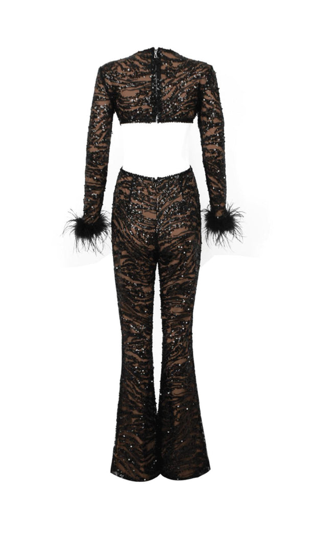 AIIZIE BLACK SEXY BACKLESS SEQUINED FEATHER JUMPSUIT - product image