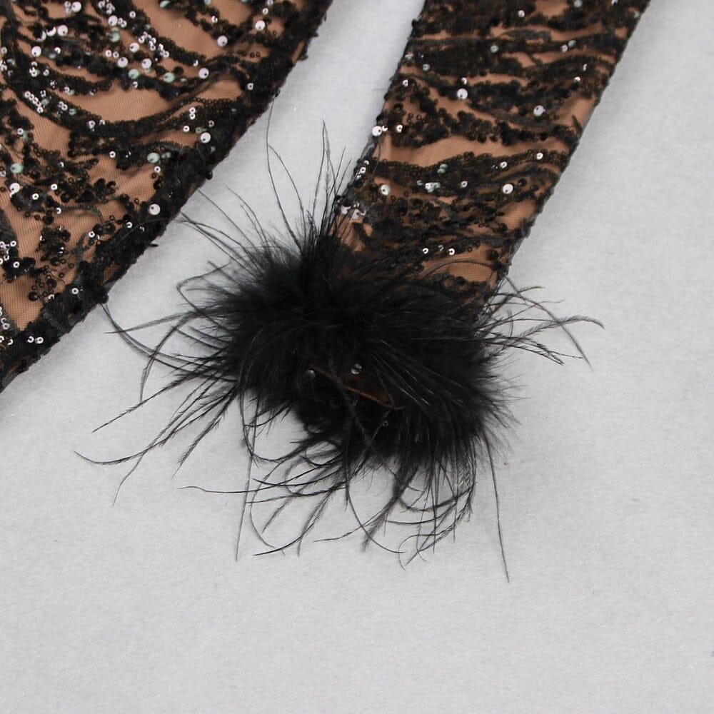 AIIZIE BLACK SEXY BACKLESS SEQUINED FEATHER JUMPSUIT - product image