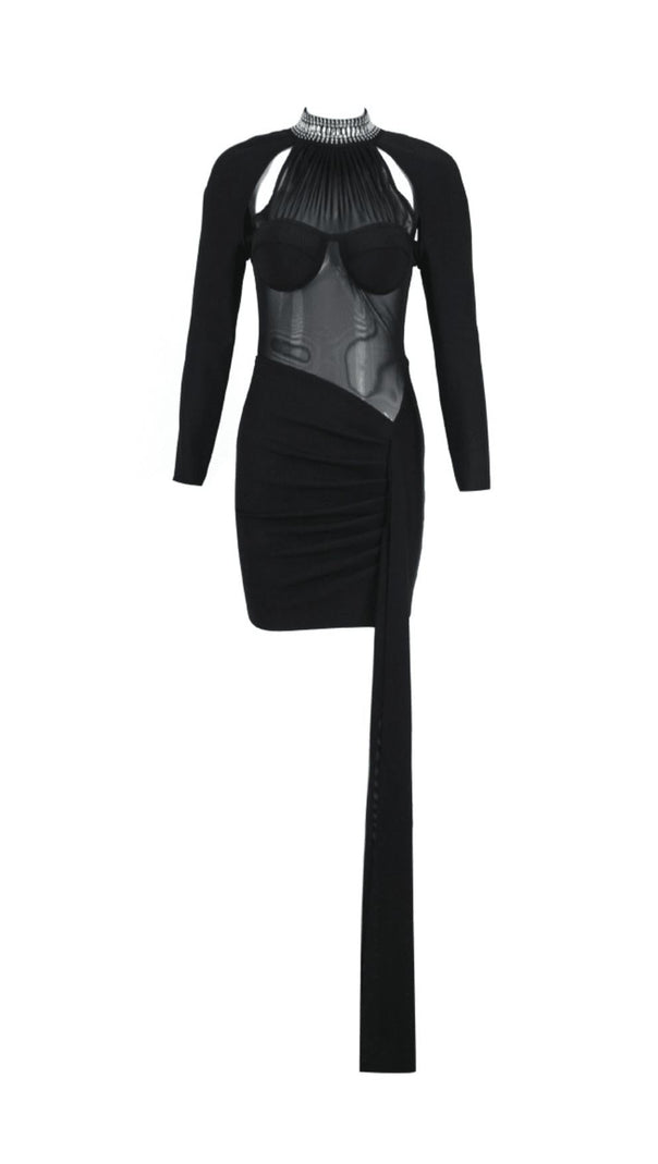 AIIZIE BLACK SHEER CRYSTAL HALTER MINI DRESS - product image