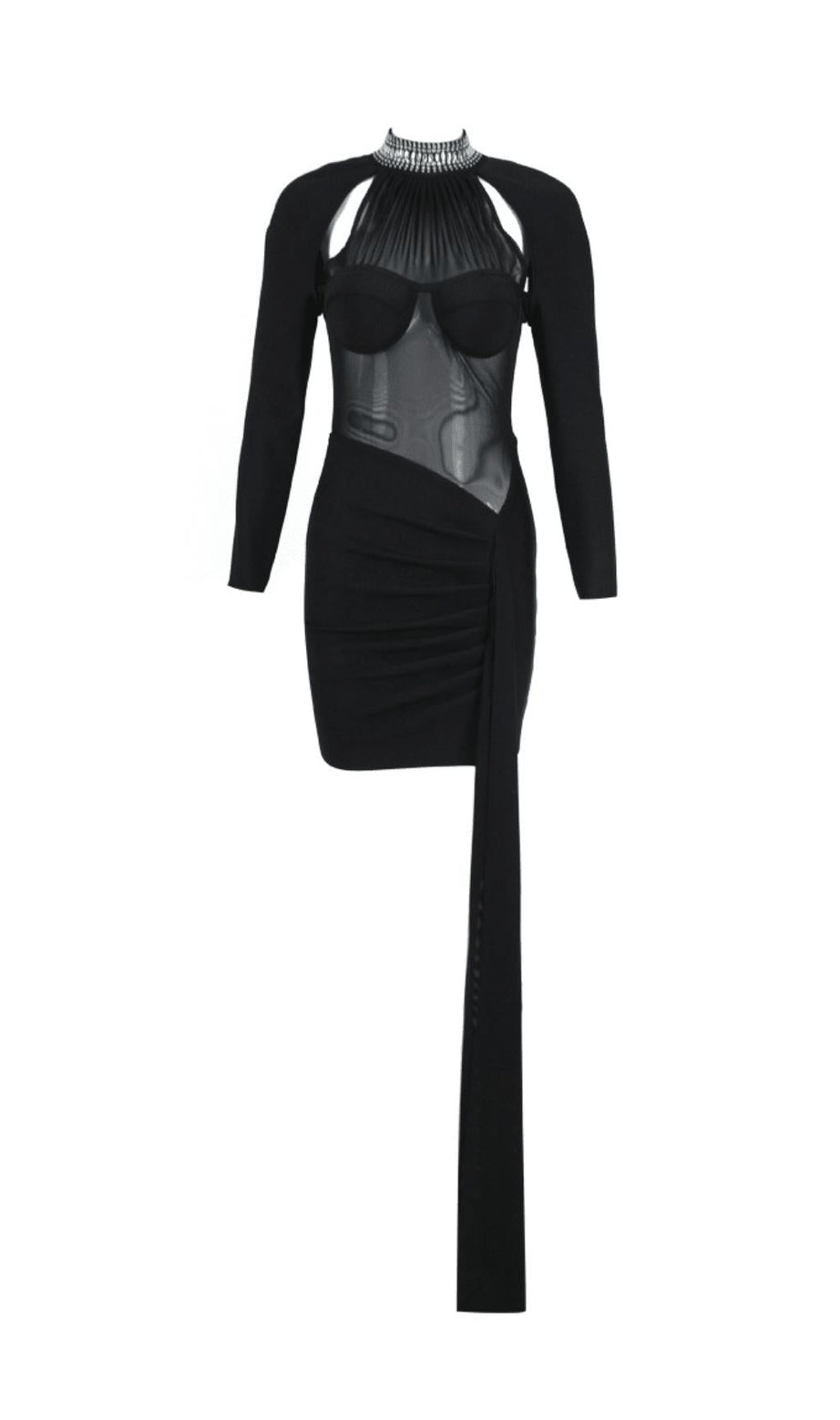 SCHWARZES MINIKLEID MIT TRANSPARENTEM KRISTALL-NECKTRÄGER
