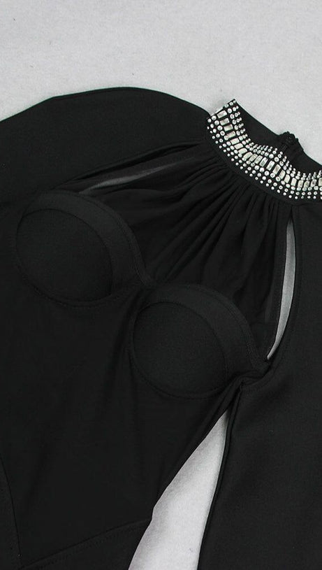 BLACK SHEER CRYSTAL HALTER MINI DRESS