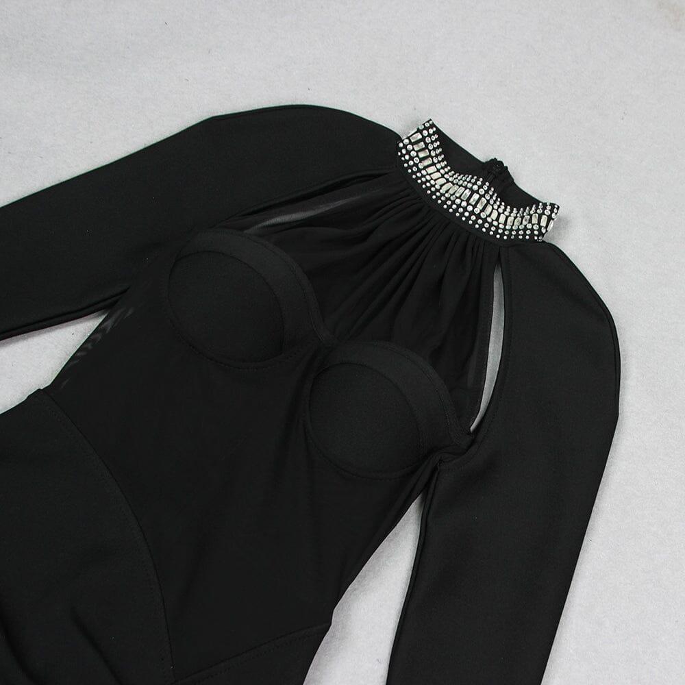 AIIZIE BLACK SHEER CRYSTAL HALTER MINI DRESS - product image