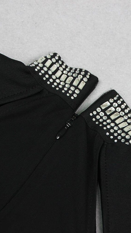 BLACK SHEER CRYSTAL HALTER MINI DRESS