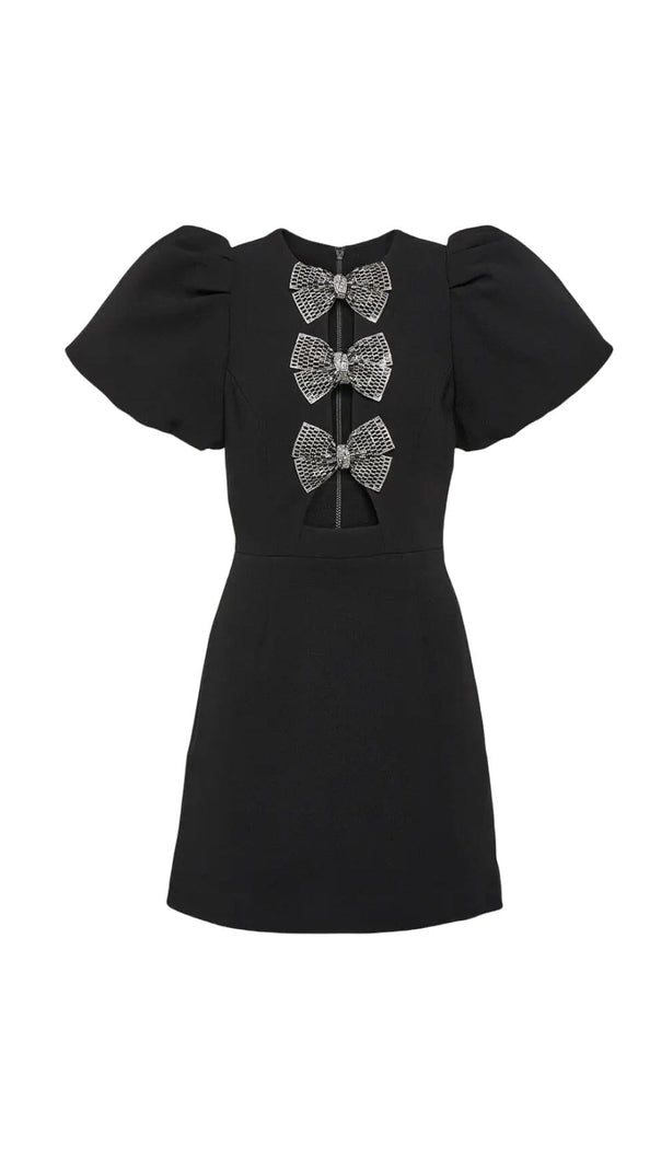 AIIZIE BLACK SHORT SLEEVE ROUND NECK BOW HOLLOW MINI DRESS - product image