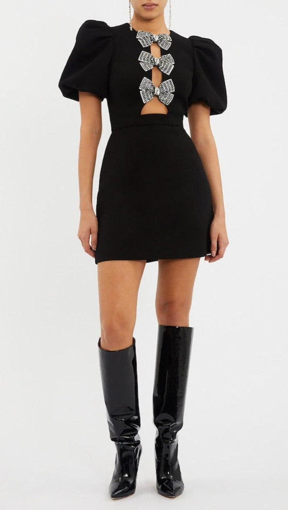 BLACK SHORT SLEEVE ROUND NECK BOW HOLLOW MINI DRESS